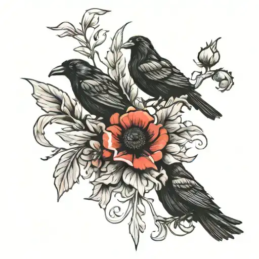 upside down cross 2 ravens on red poppies tattoo design idea