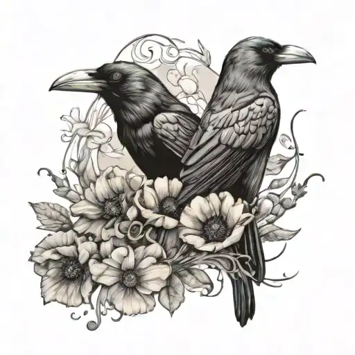 two crows and poppy flowers tattoo design idea