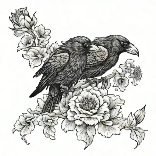 2 watchful crows perched on poppy flowers  tattoo design idea