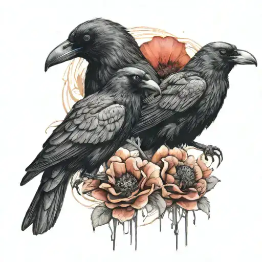 two crows and red poppies tattoo design idea