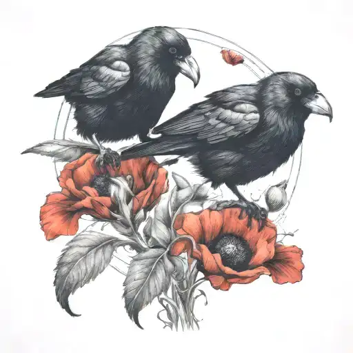 two crows and red poppies tattoo design idea