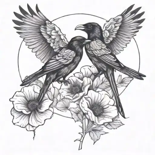 2 ravens perched on red poppies with baphomet  tattoo design idea