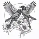 2 ravens perched on red poppies with baphomet  tattoo design idea