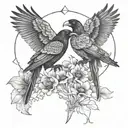 2 ravens perched on red poppies with baphomet  tattoo design idea