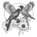 2 ravens perched on red poppies with baphomet  tattoo design idea