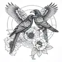 2 ravens perched on red poppies with baphomet  tattoo design idea