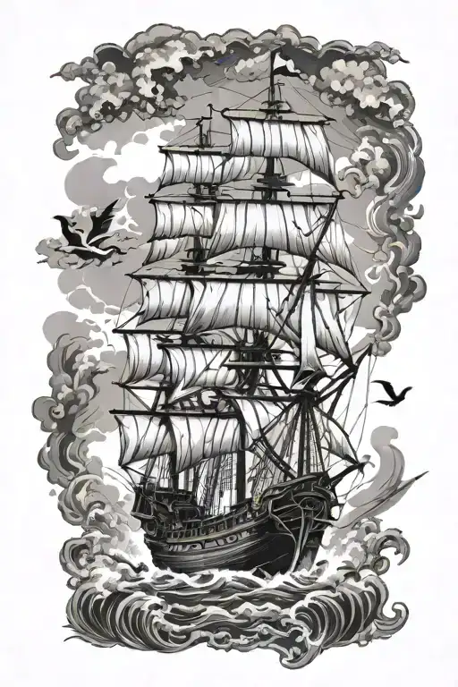 detailed caribbean map with pirate ship sailing through storm  tattoo design idea