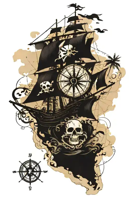 detailed caribbean map as a background with pirate ship sailing through storm and showing a compass and other map items  tattoo design idea