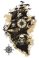 detailed caribbean map as a background with pirate ship sailing through storm and showing a compass and other map items  tattoo design idea