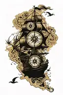 detailed caribbean map as a background with pirate ship sailing through storm and showing a compass and other map items  tattoo design idea