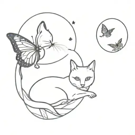 Butterfly, Cat, and Moon tattoo design idea