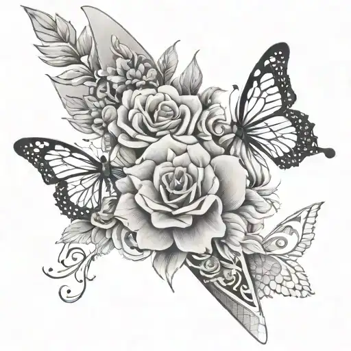 full arm sleeve that has flowers  and butterflies and the year 1999 somewhere along with "treat people with kindness" tattoo design idea