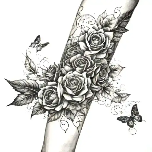 full arm sleeve that has sunflowers and roses and butterflies and the year 1999 somewhere along with  tattoo design idea