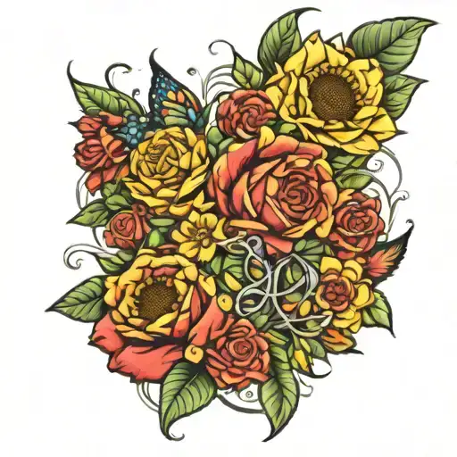 full arm sleeve that has sunflowers and roses and butterflies and the year 1999 somewhere along with “treat people with  tattoo design idea
