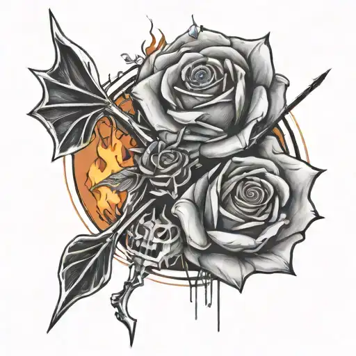 a bow that is being stretched by a skeletal hand and the arrow is a rose on fire tattoo design idea