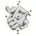 Edward Elric automail hand reaching for a small red stone with oldschool rose on the bottom tattoo design idea