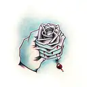 Edward Elric automail hand reaching for a small red stone with oldschool rose on the bottom tattoo design idea