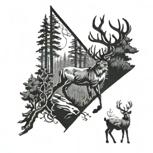 dark forest in background, linx with deer as shadow, black and white tattoo design idea