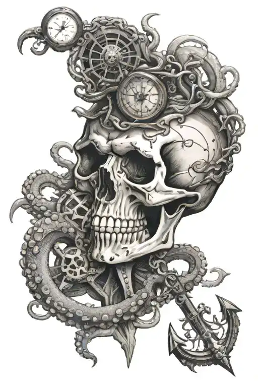 Skull tentacles octopus compass anchor tattoo design idea