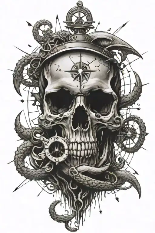 skull compass anchor tentacles tattoo design idea
