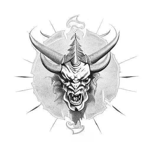 devil head with horns looking down on an old house tattoo design idea