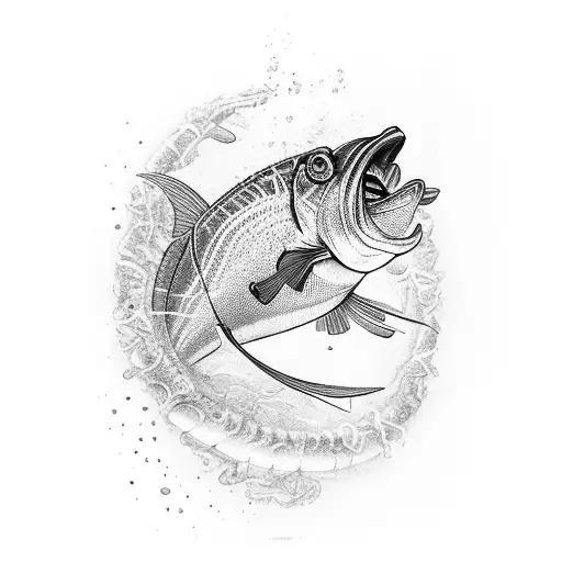 A fusion of technology and nature, depicting a robotic fish swimming in a 3D printed river tattoo design idea