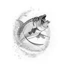 A fusion of technology and nature, depicting a robotic fish swimming in a 3D printed river tattoo design idea