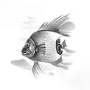 A fusion of technology and nature, depicting a robotic fish swimming in a 3D printed river tattoo design idea