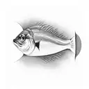 A fusion of technology and nature, depicting a robotic fish swimming in a 3D printed river tattoo design idea