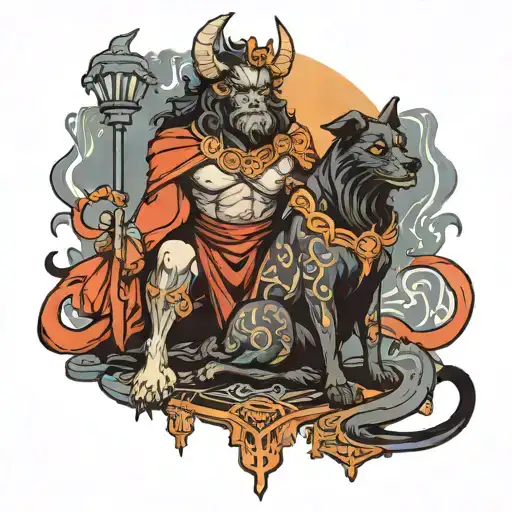 hades and cerberus in underworld near bridge of oblivion tattoo design idea