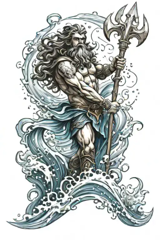 Design a tattoo featuring Poseidon emerging from the waves, holding a blue trident. Ensure he looks strong, epic tattoo design idea