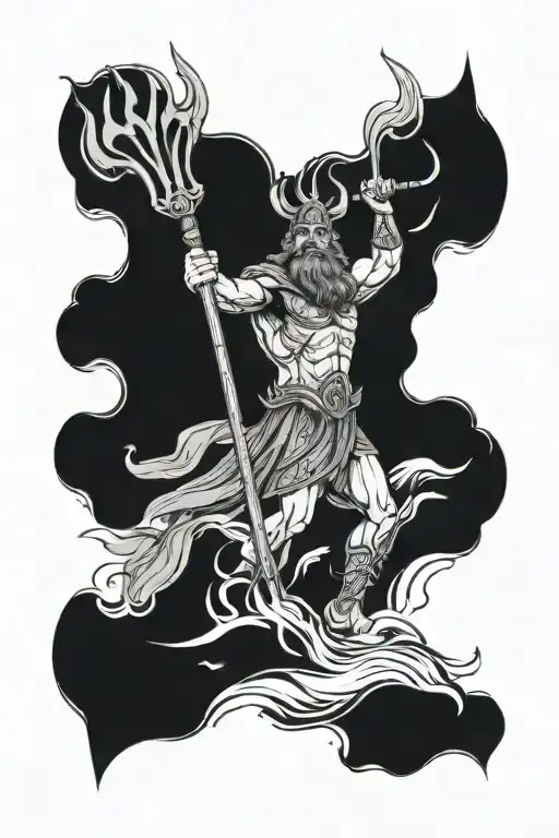 Design a tattoo featuring Poseidon emerging from the waves, holding a blue trident. Ensure he looks strong, epic tattoo design idea