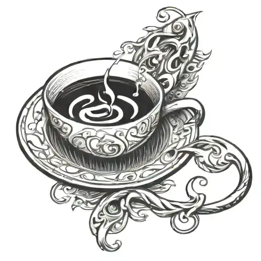 A coffee cup morphing into a fishing hook tattoo design idea
