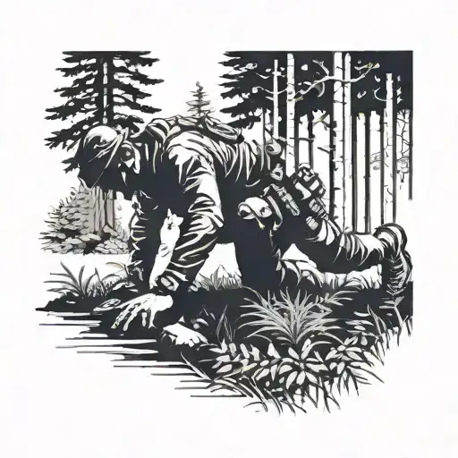 A silhouette of a soldier doing push-ups in a forest setting tattoo design idea