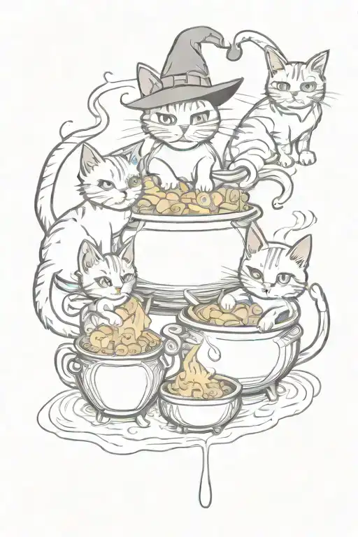3 cats with witches hat and cauldron surrounded tattoo design idea
