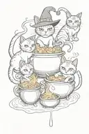 3 cats with witches hat and cauldron surrounded tattoo design idea