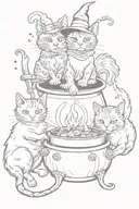 3 cats with witches hat and cauldron surrounded tattoo design idea