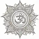 Om symbol surrounded by sun rays tattoo design idea