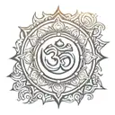 Om symbol surrounded by sun rays tattoo design idea