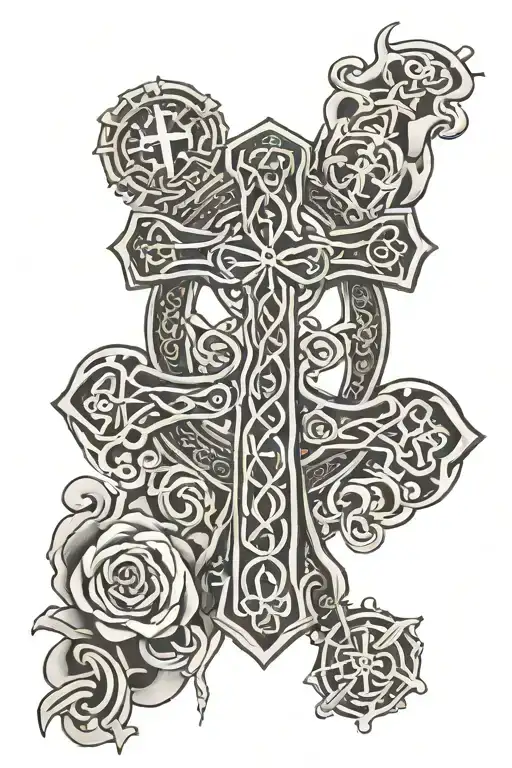 Celtic Cross surrounded with the words "Exsurgere Aut Mori" tattoo design idea