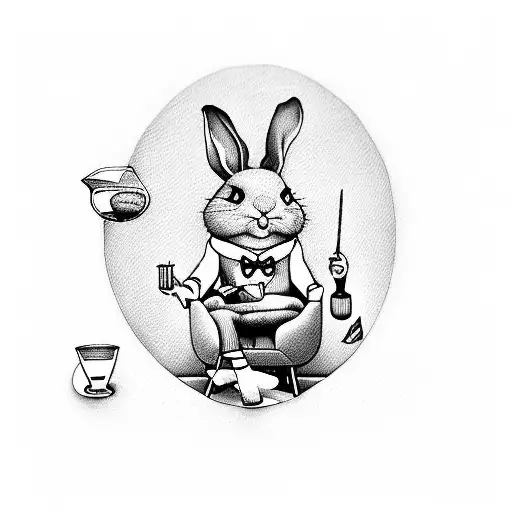 pink rabbit lounging in a fainting chair drinking a martini with a lemon in the glass  tattoo design idea