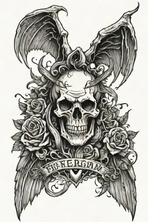 Forearm tattoo demon human heart skull wings spread text Fight off your demons tattoo design idea