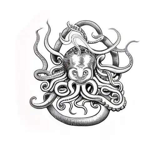 kraken tentacles attached to waist of upside down topless Medusa, tentacles wrapped around Viking ship  tattoo design idea