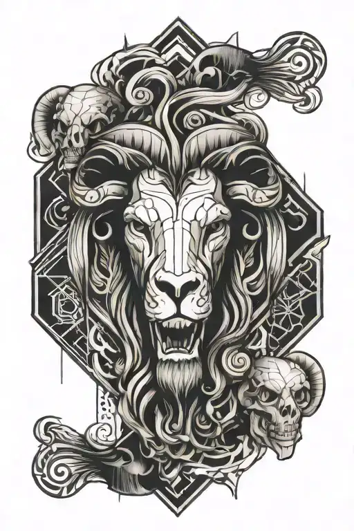 Leo lion and Aries ram skull surrounded tattoo design idea