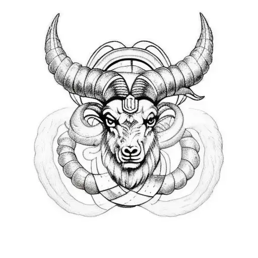 Girl with horns of a ram drawn in tattoo style
