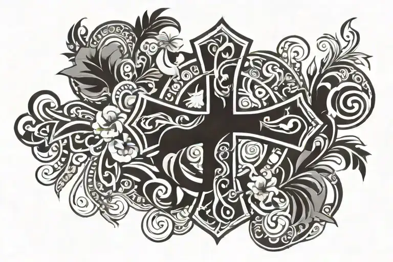 Catholic Cross in the middle surrounded by hawaiian things tattoo design idea