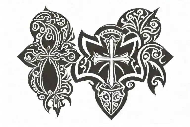 hawaiian tribal with catholic cross   tattoo design idea