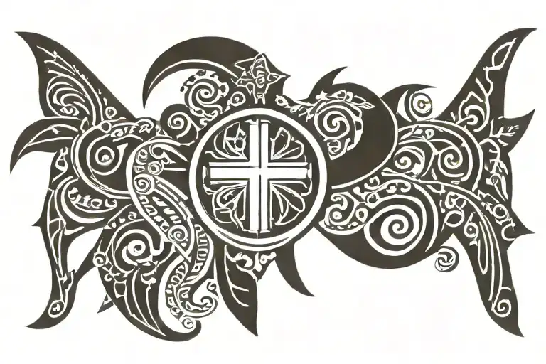 hawaiian tribal with catholic cross in the middle and add a sea turtle tattoo design idea