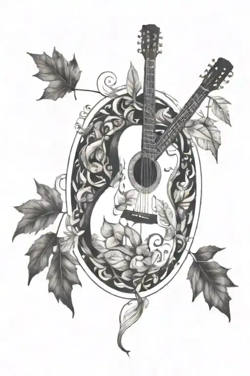 A guitar with intricate lyrics weaving through the strings, surrounded by autumn leaves and coffee beans tattoo design idea