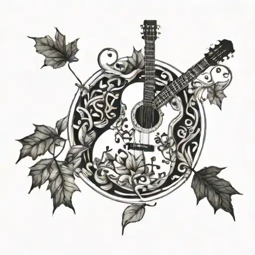 A guitar with intricate lyrics weaving through the strings, surrounded by autumn leaves and coffee beans tattoo design idea